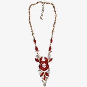 Vintage Gold Base Large Red Rose Flower Leaf Enamel Rhinestone Necklace